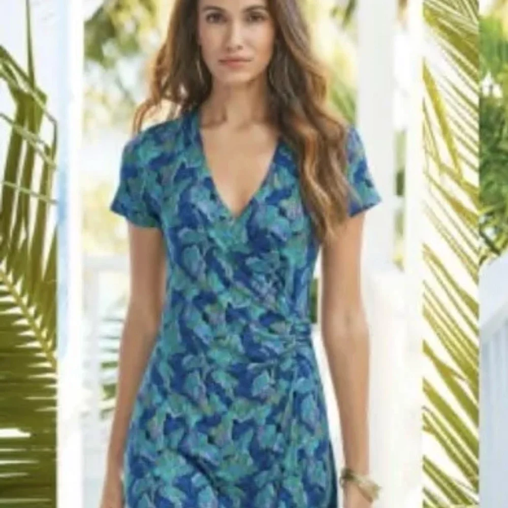 Soft Surroundings Blue Green Printed Midi Wrap Dress - Picture 2 of 10